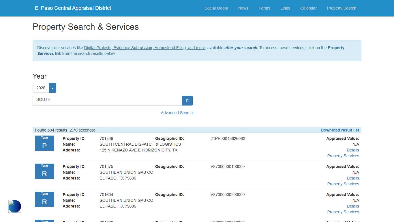 El Paso Central Appraisal District - Index